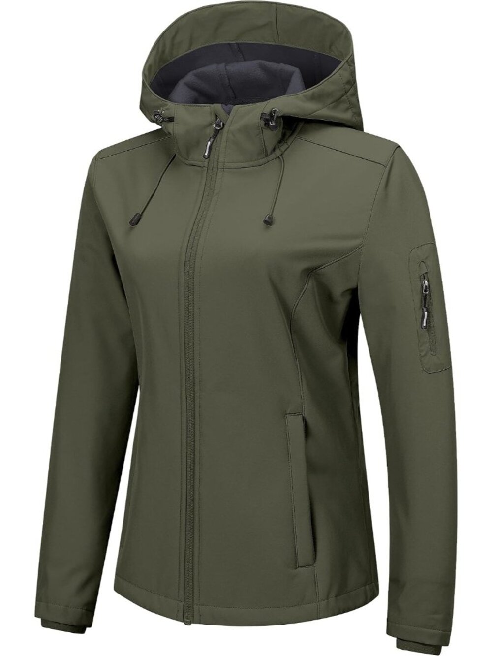 Women Olive Green Hooded Softshell Fleece Lined Cuff Sleeve Waterproof Rain Coat